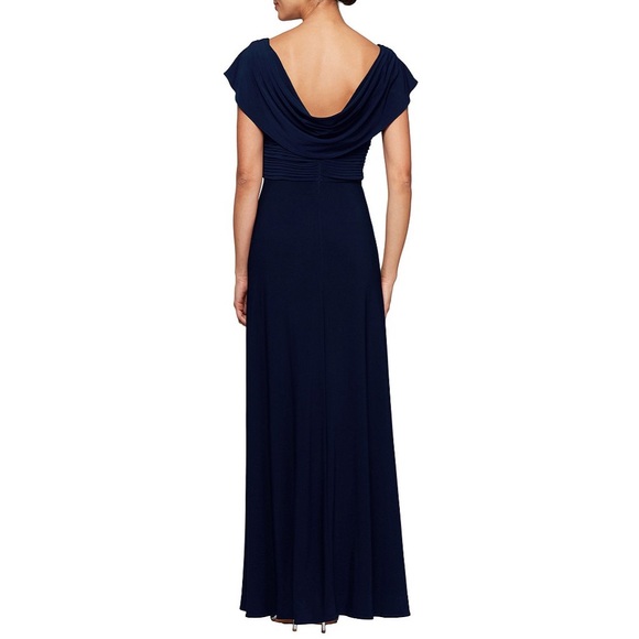 NWT Alex Evenings Cowl Neck A-Line Matte Jersey Gown with Pleated Bodice in Navy - Picture 3 of 6